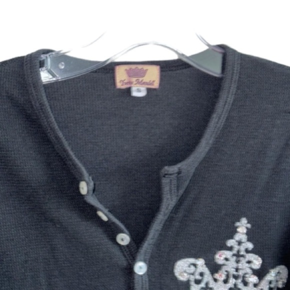 Yvette Mandell Black Crown Henley Sz Small Embellished Rhinestones Thermal - Picture 4 of 7